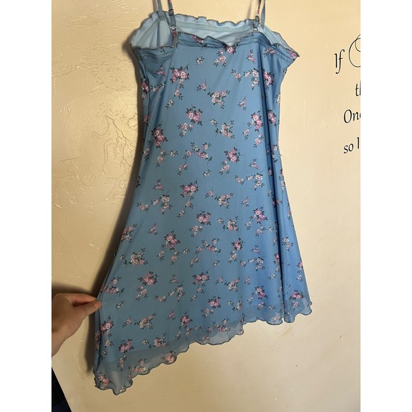 Boho Cottagecore Blue Floral Mesh Mini Dress Asymmetrical Lettuce Hem Y2K Style - Picture 3 of 7
